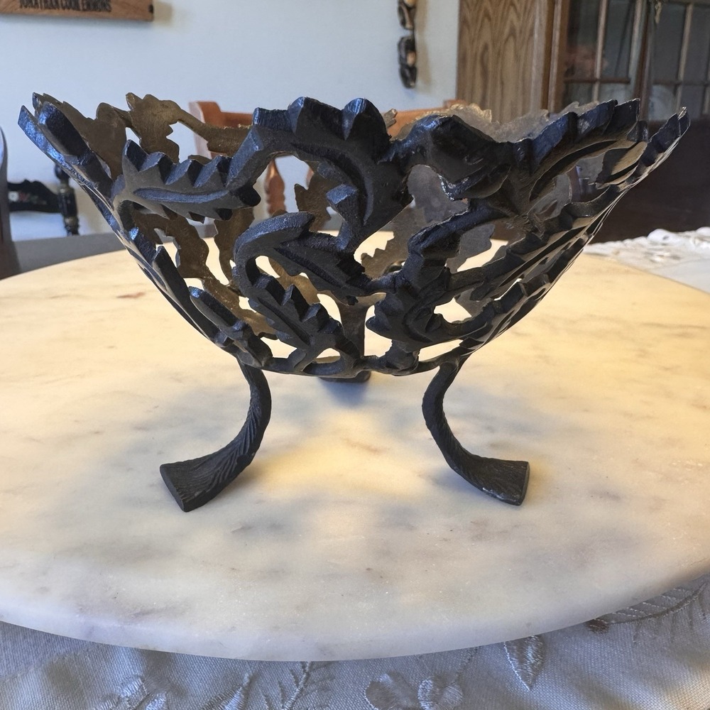 Antique Cast Iron Scroll Pedestal Bowl 6" Round Basket Fruit Bowl Centerpiece